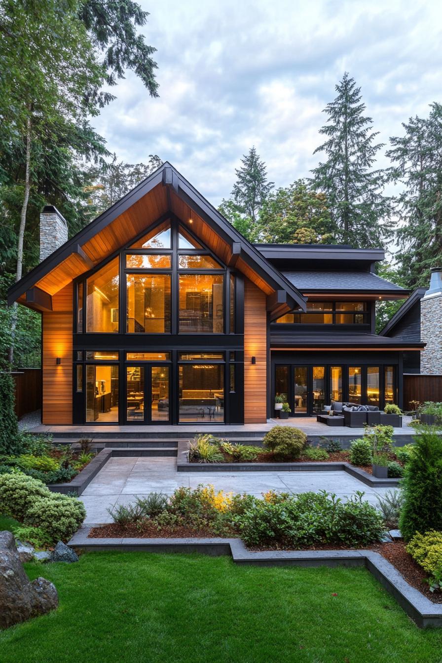 Warmly lit A-frame house with large windows surrounded by lush greenery