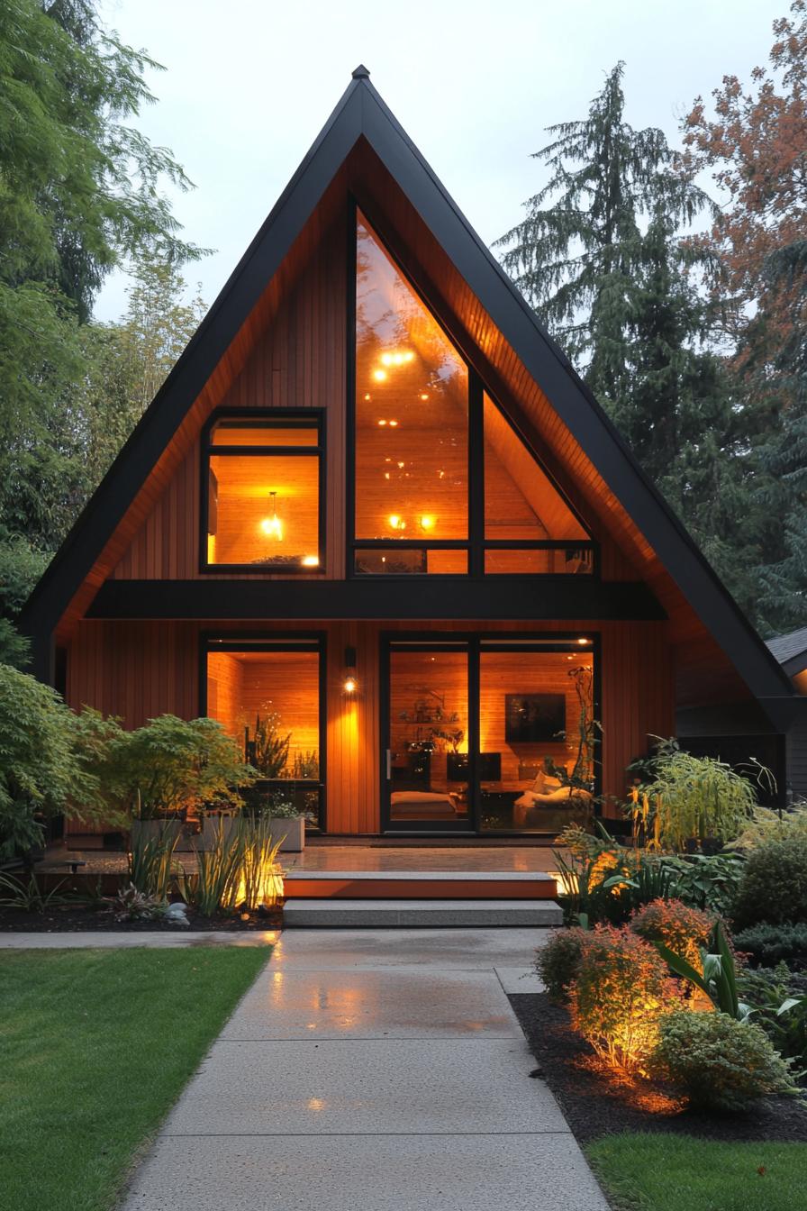 Warm A-Frame house with glowing interior lights and lush garden