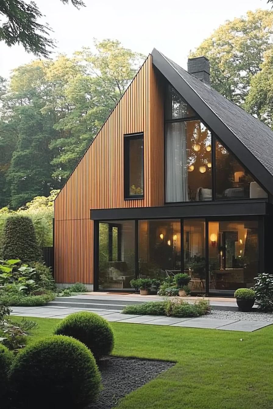 A-Frame house with large glass windows and lush garden