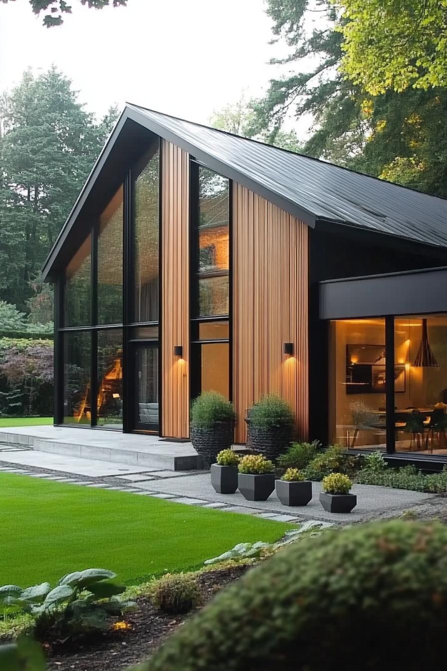 Modern gable house with a sleek exterior and lush garden