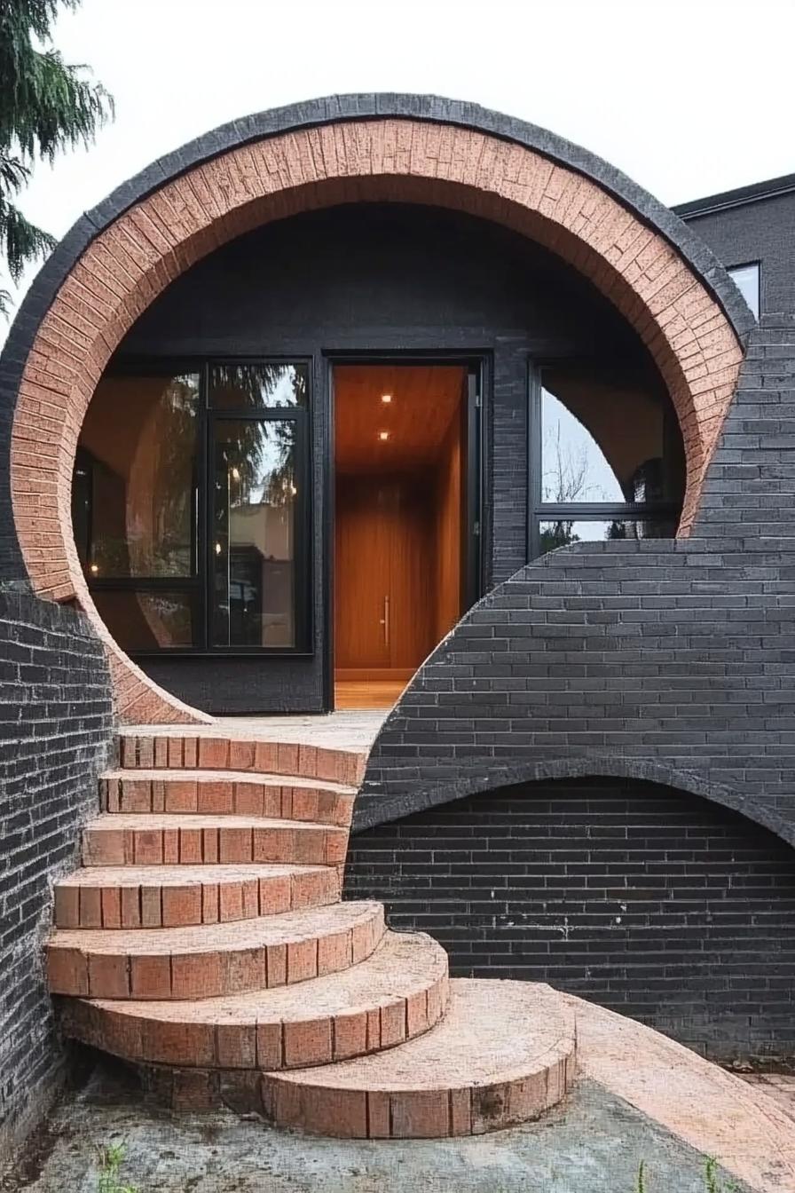 modern house facade with spiral shaped brick arch doorway v 6.1