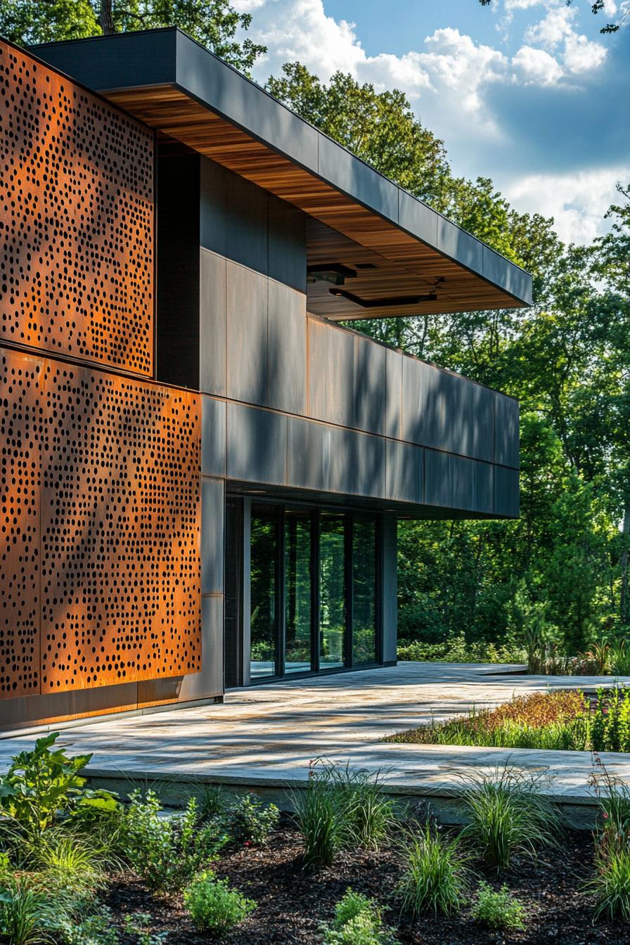 modern house geometric facade with rusted metal perforated panel accent wall 1