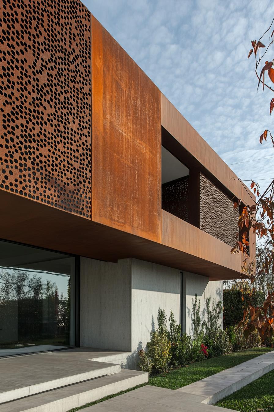 modern house geometric facade with rusted metal perforated panel accent wall 2