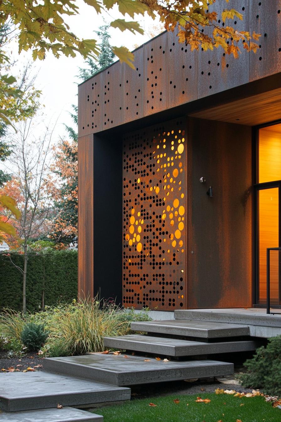 modern house geometric facade with rusted metal perforated panel accent wall