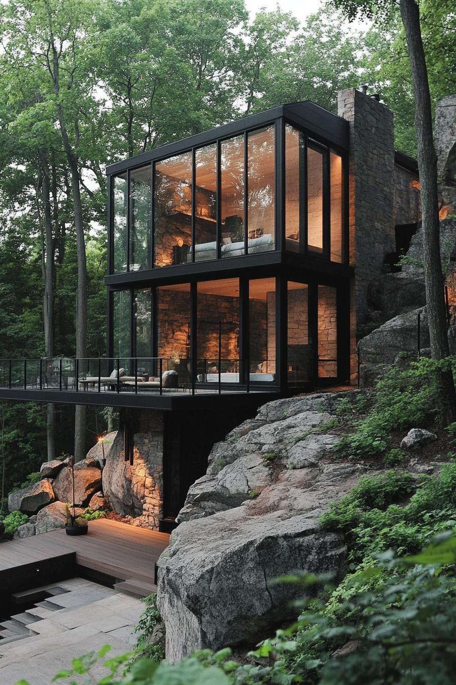 modern house with cascading terraces built from bottom up a steep hillside slope large glass windows rocky steep slope in a forest 1