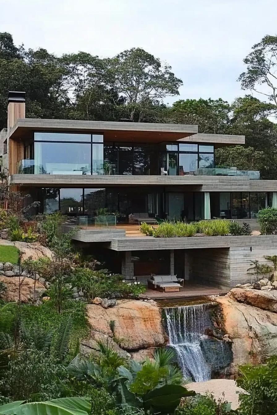 modern house with cascading terraces built from bottom up a steep hillside slope large glass windows rocky steep slope in a forest 2