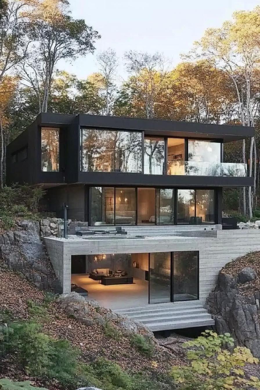 modern house with cascading terraces built from bottom up a steep hillside slope large glass windows rocky steep slope in a forest 3