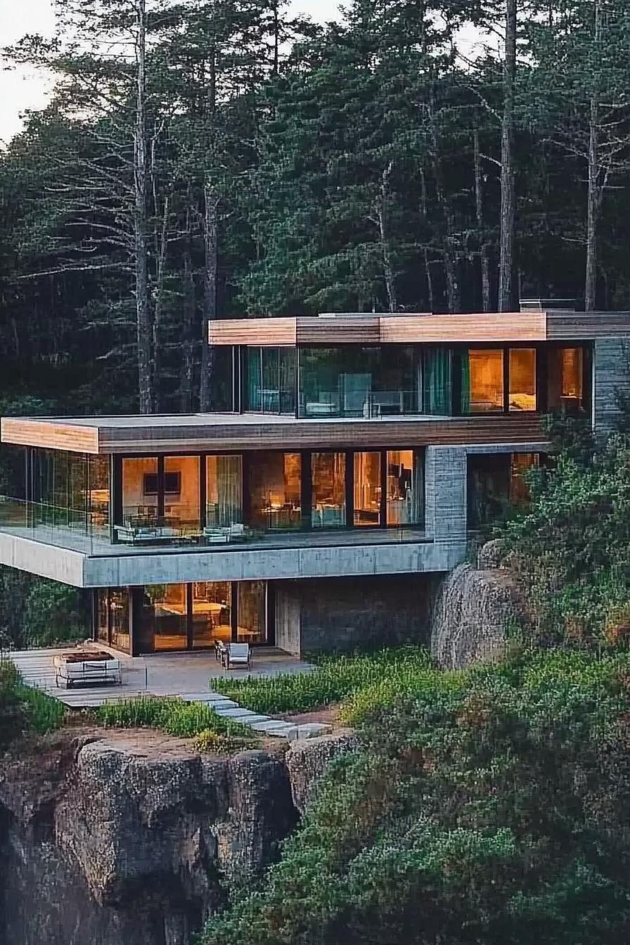 modern house with cascading terraces built from bottom up a steep hillside slope large glass windows rocky steep slope in a forest 4