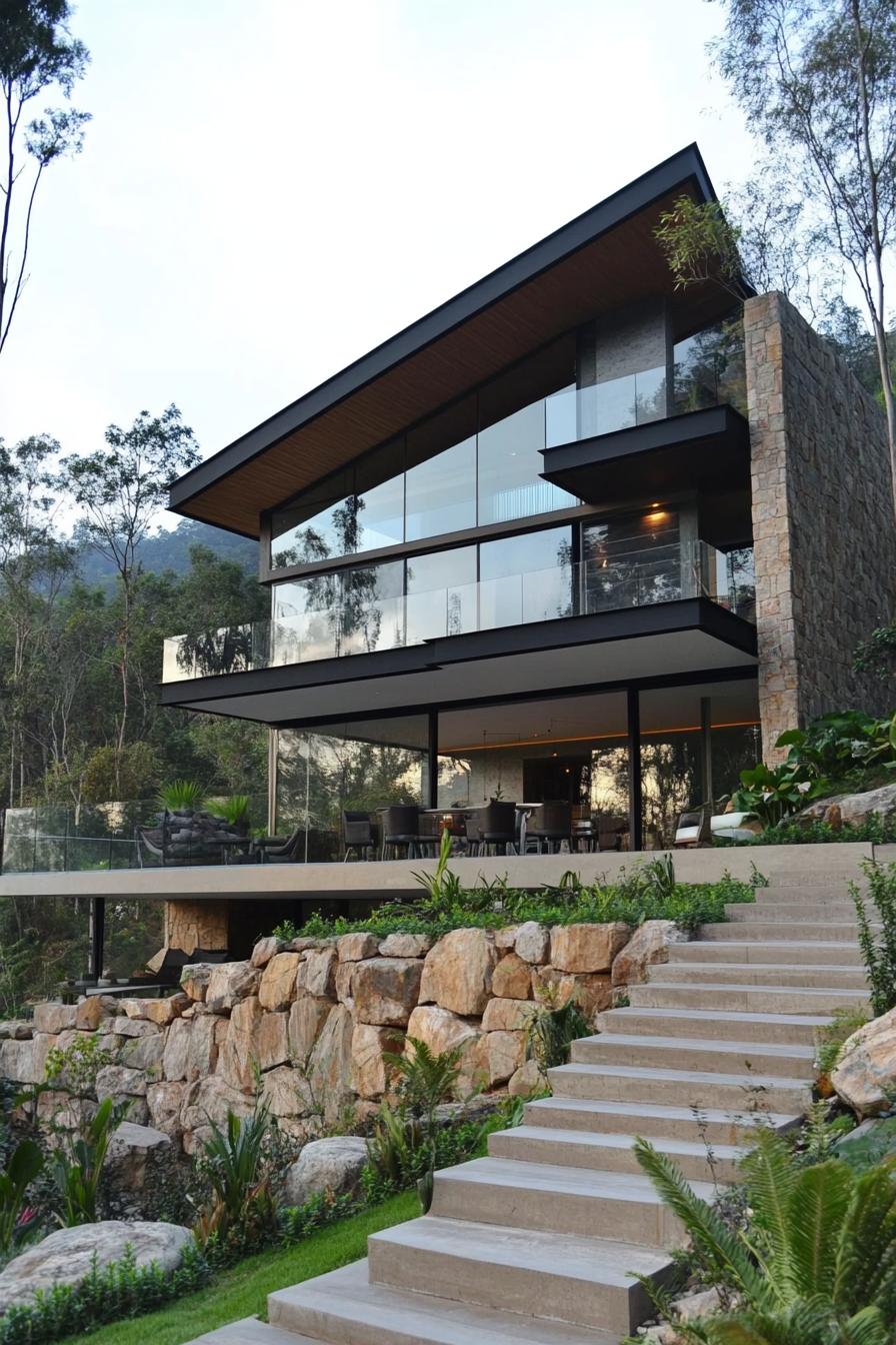 modern house with cascading terraces built from bottom up a steep hillside slope large glass windows rocky steep slope in a forest