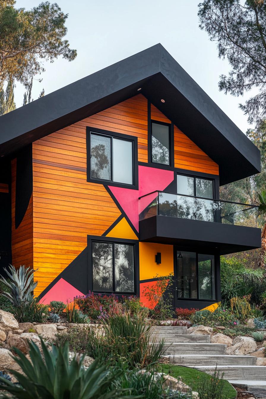 Wooden facade with bold geometric shapes and vibrant colors