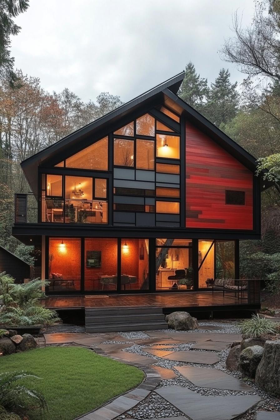 Modern cabin with vibrant red and black wood facade