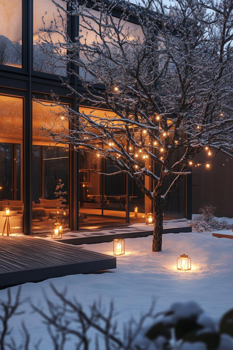 modern inner courtyard in winter with candle lights on decks small tree with snow winter wonderland aesthetic dusk scene 1