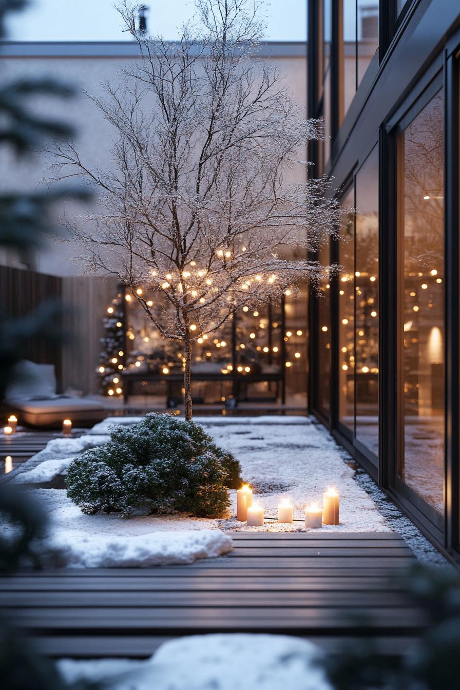 modern inner courtyard in winter with candle lights on decks small tree with snow winter wonderland aesthetic dusk scene 2