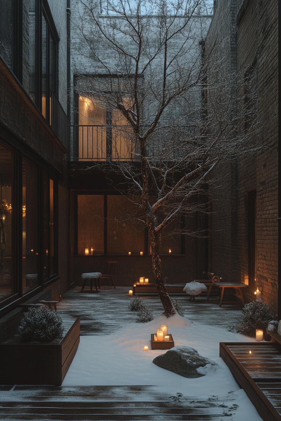 modern inner courtyard in winter with candle lights on decks small tree with snow winter wonderland aesthetic dusk scene 3