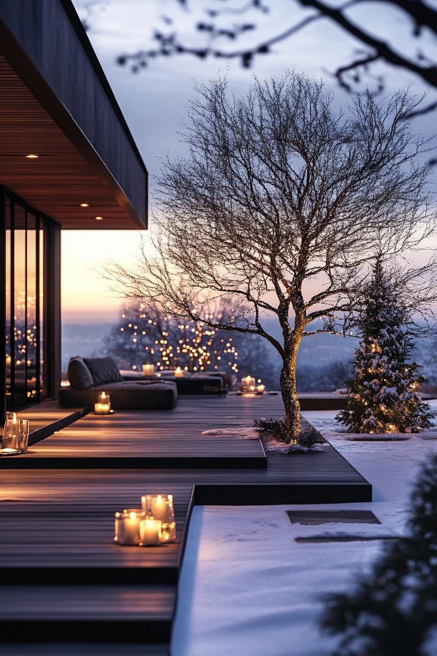 modern inner courtyard in winter with candle lights on decks small tree with snow winter wonderland aesthetic dusk scene