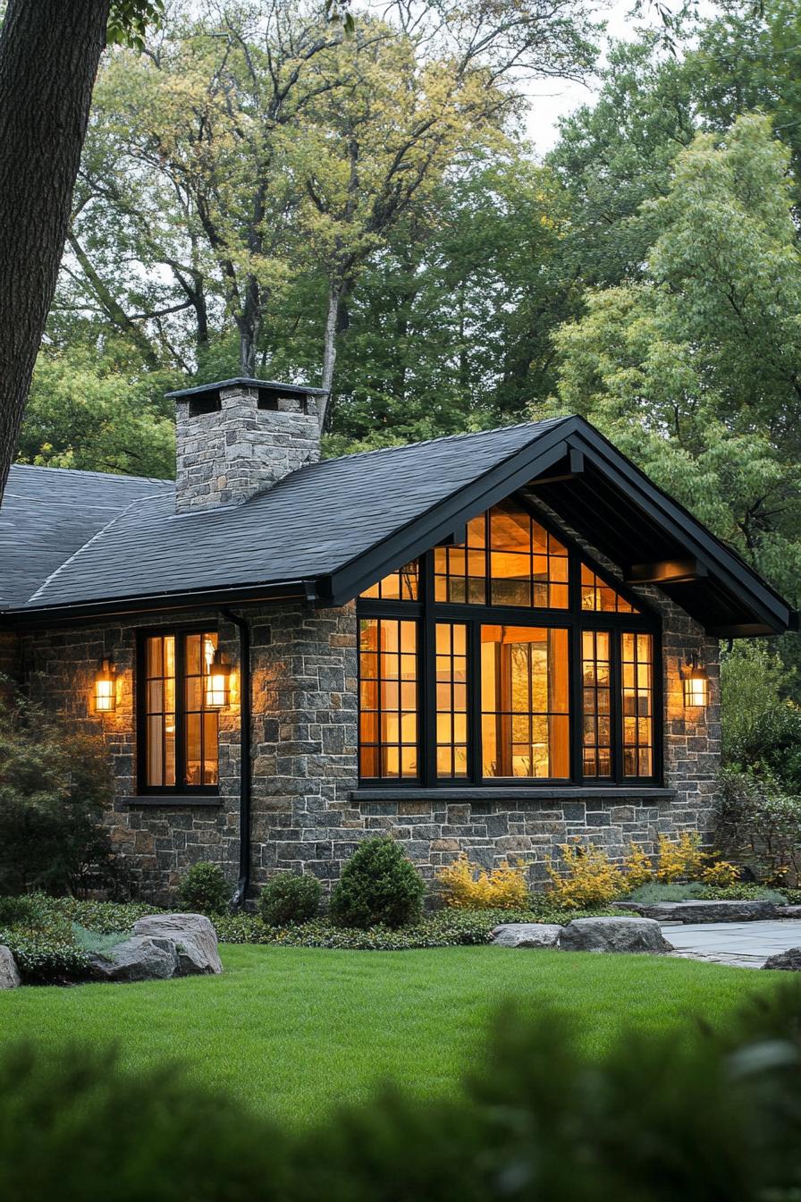 A cozy stone house surrounded by lush greenery