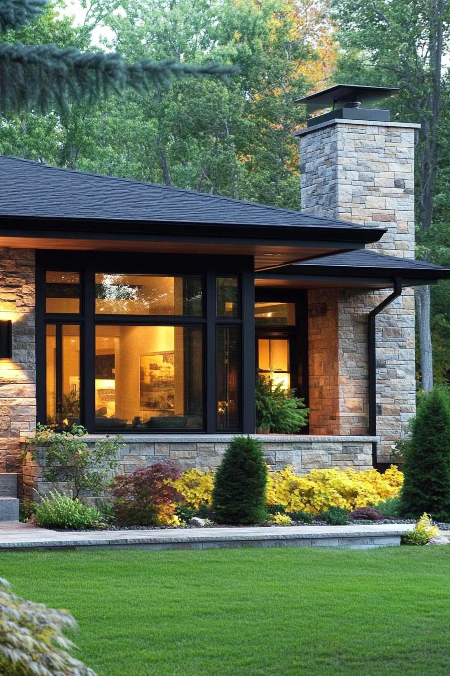 Modern home with stone facade and large windows