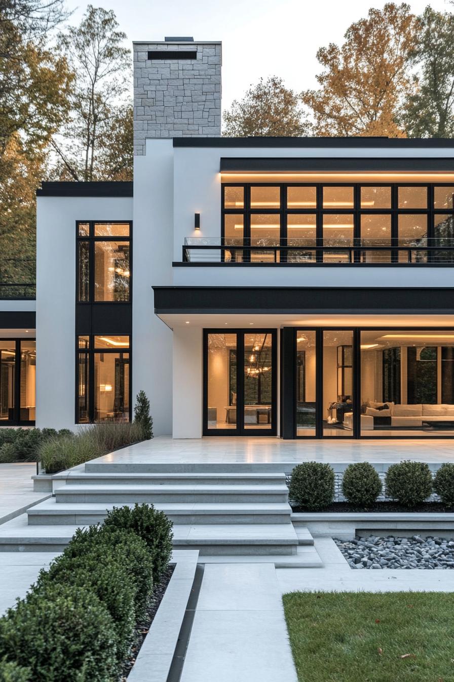 modern villa design with white facade and black trim accent stone mosaic chimney large modern windows with black trim glass front doors balconies 1