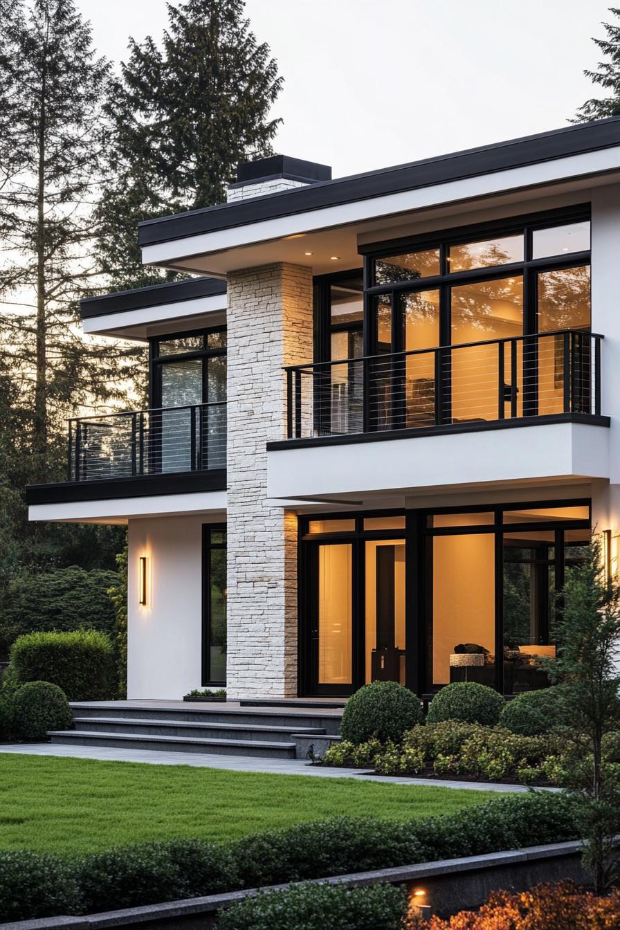 modern villa design with white facade and black trim accent stone mosaic chimney large modern windows with black trim glass front doors balconies 2