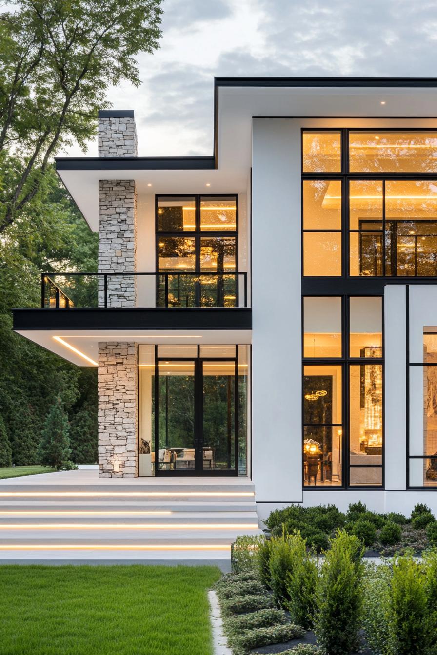 modern villa design with white facade and black trim accent stone mosaic chimney large modern windows with black trim glass front doors balconies 3