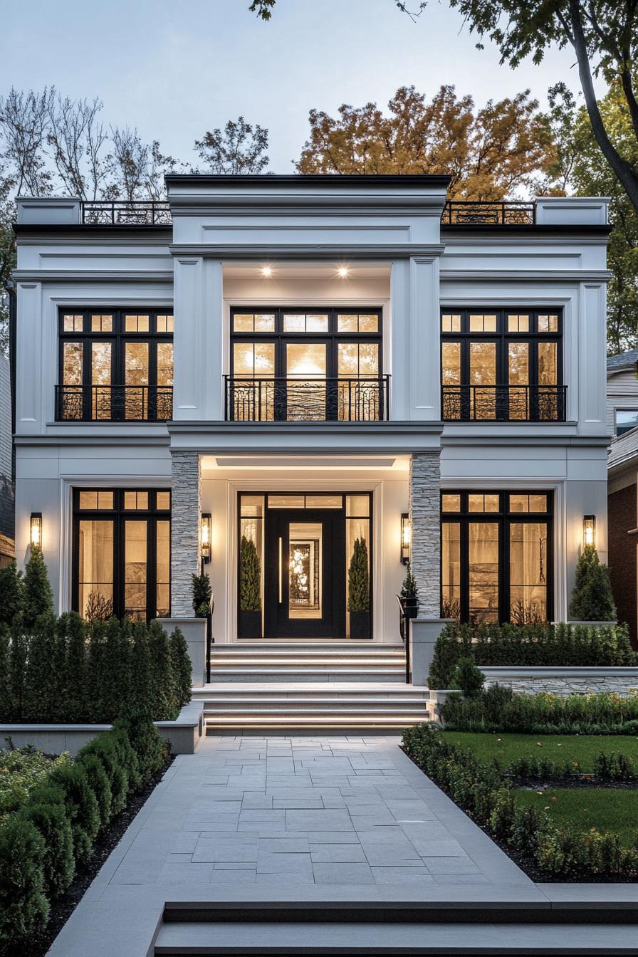 modern villa design with white facade and black trim accent stone mosaic chimney large modern windows with black trim glass front doors balconies