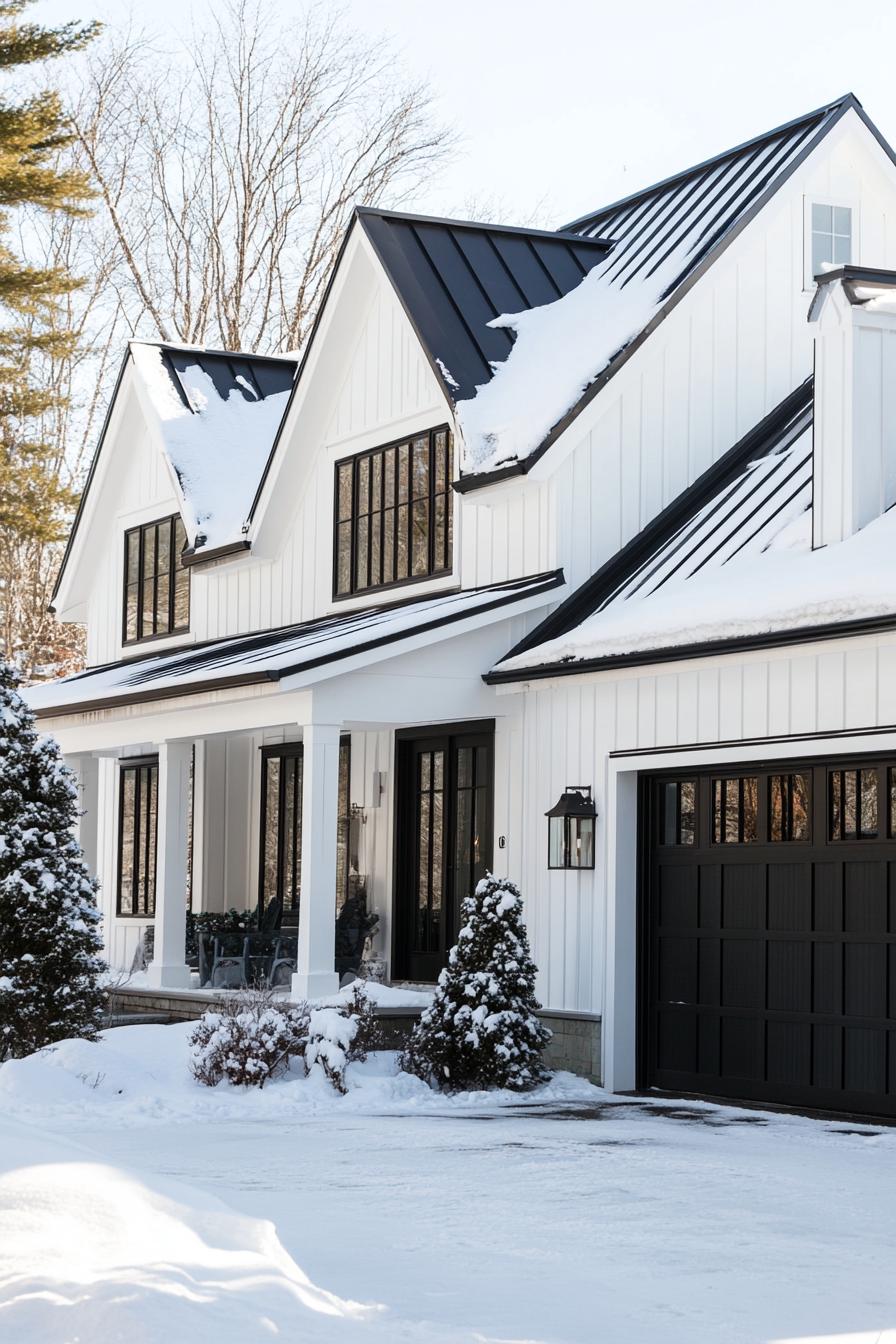 modern white cottage with white siding black trim black multi pitched metal roof black windows large black garage foors black front doors winter 1