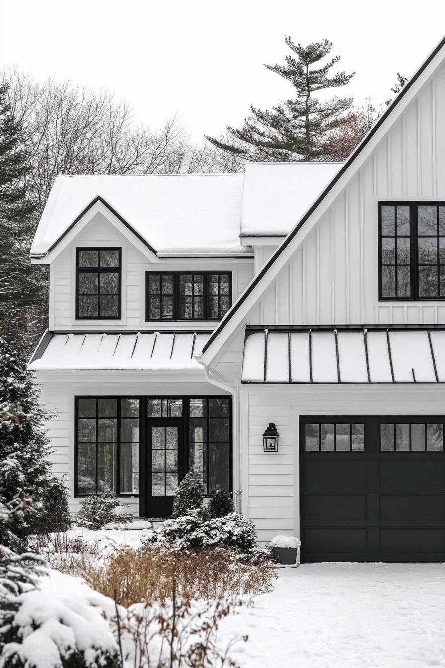 modern white cottage with white siding black trim black multi pitched metal roof black windows large black garage foors black front doors winter 2