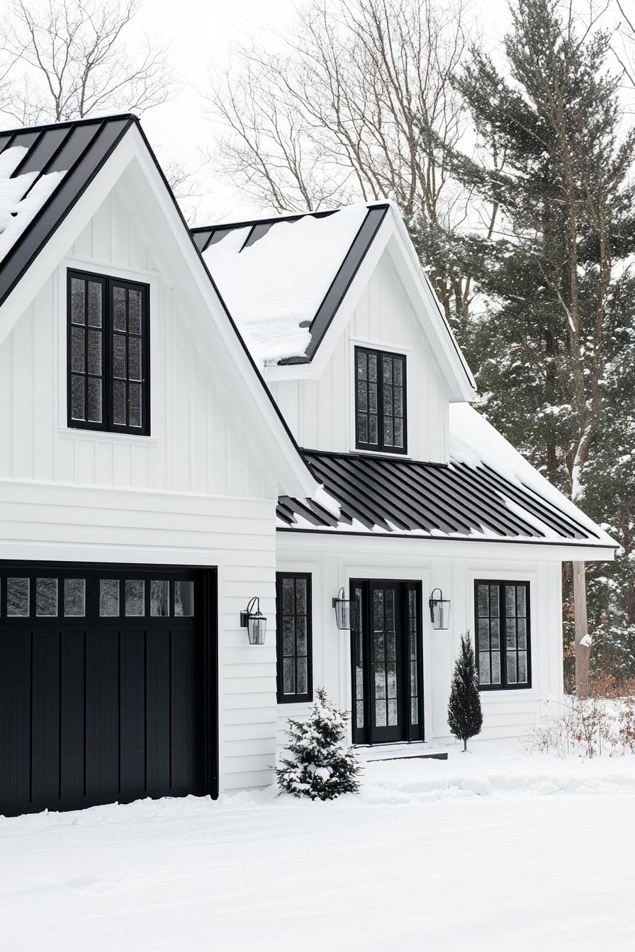 modern white cottage with white siding black trim black multi pitched metal roof black windows large black garage foors black front doors winter 3