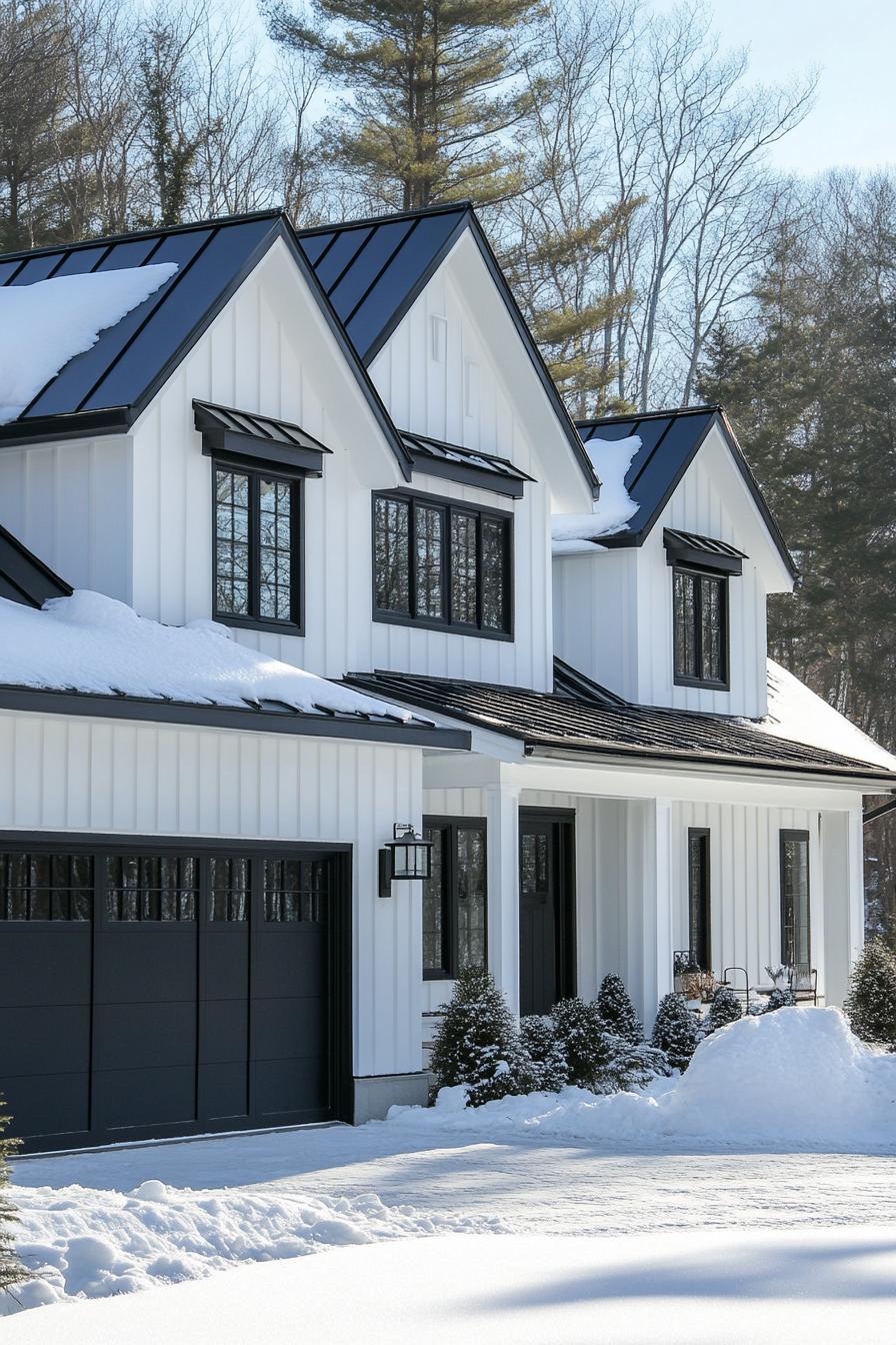 modern white cottage with white siding black trim black multi pitched metal roof black windows large black garage foors black front doors winter