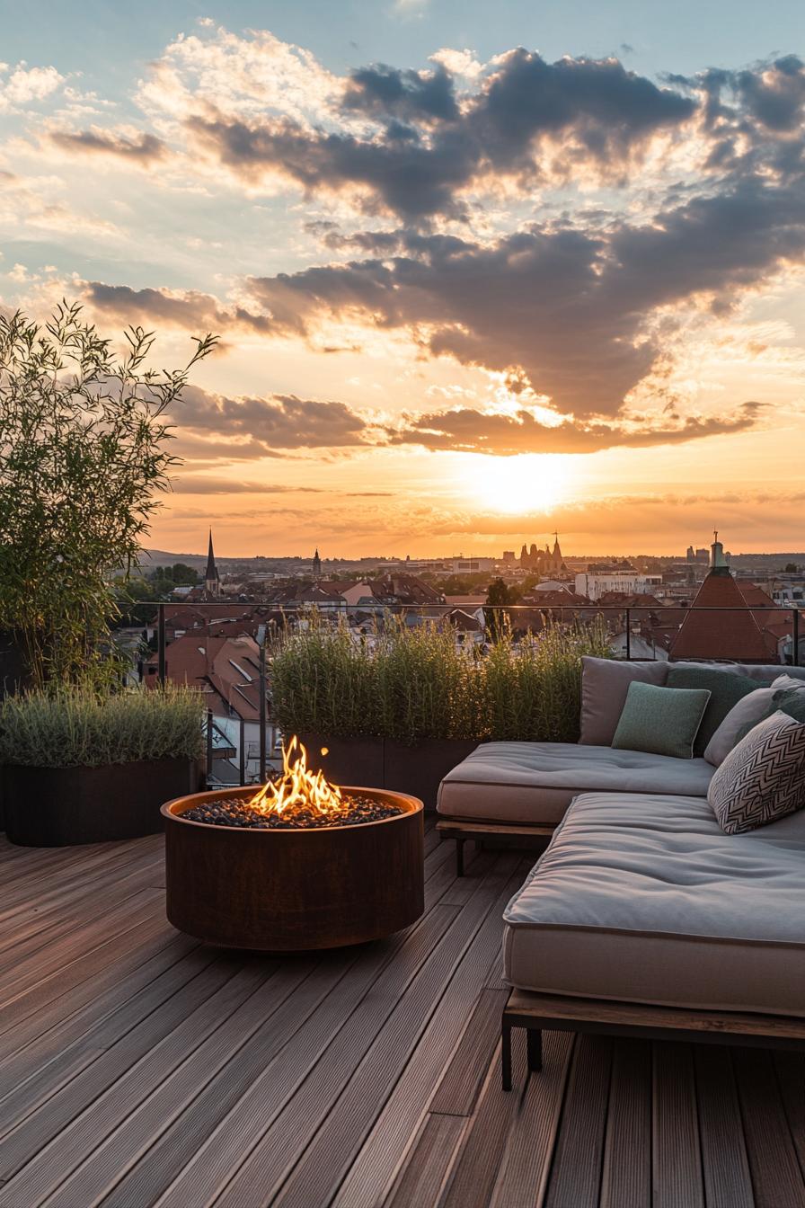 rooftop terrace with wooden deck metal railings modern cushioned furntiure and metal gas firepit some potted plants town view during sunset 1