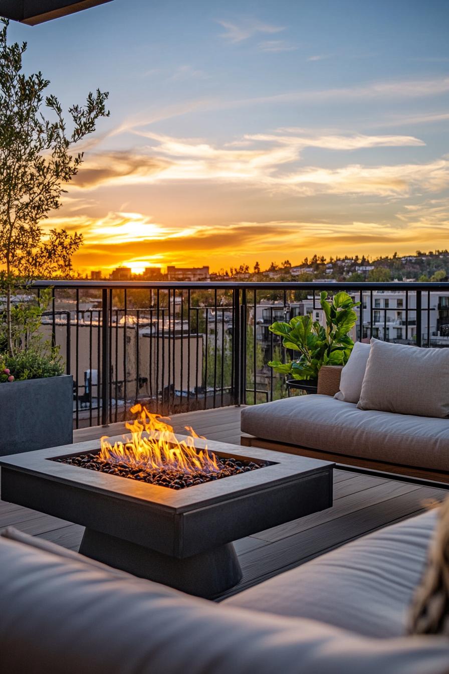 rooftop terrace with wooden deck metal railings modern cushioned furntiure and metal gas firepit some potted plants town view during sunset 2