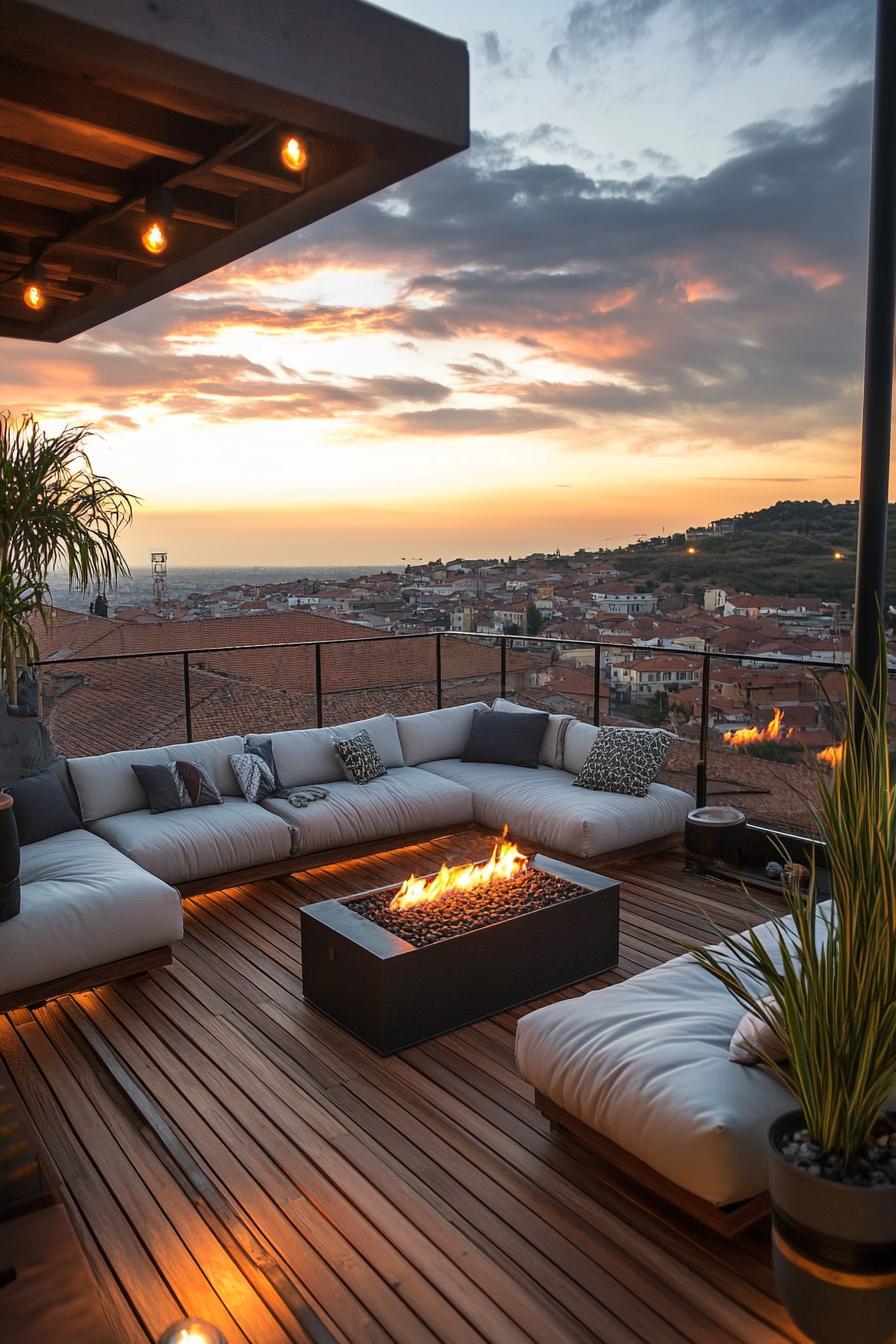 rooftop terrace with wooden deck metal railings modern cushioned furntiure and metal gas firepit some potted plants town view during sunset 3