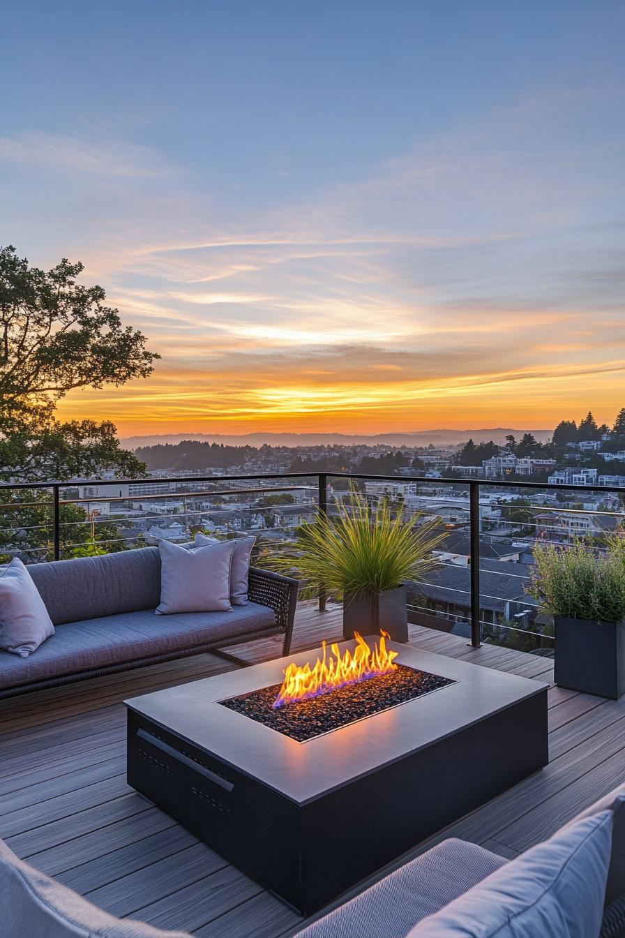 rooftop terrace with wooden deck metal railings modern cushioned furntiure and metal gas firepit some potted plants town view during sunset