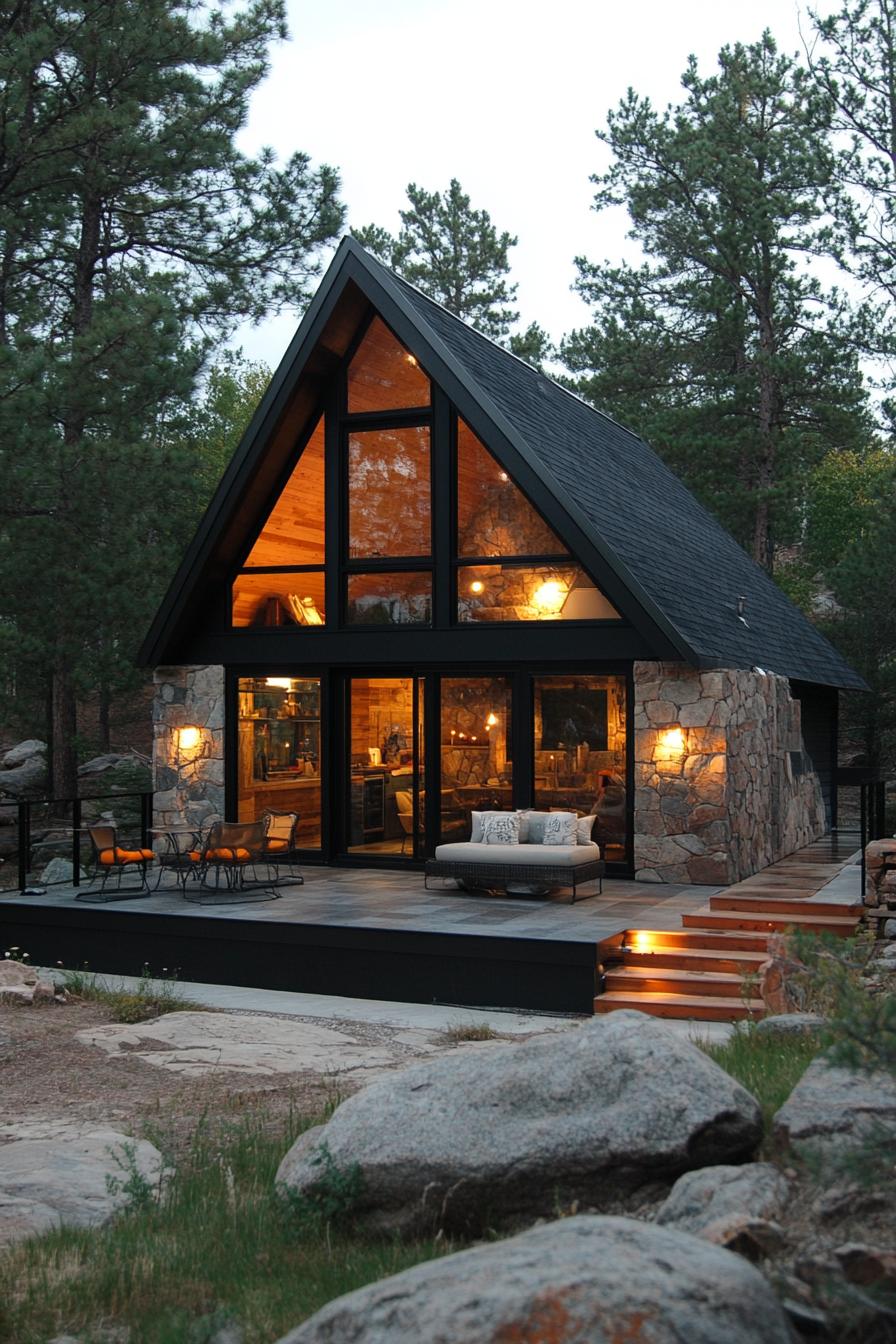 A-frame cabin with large glass windows amidst forest