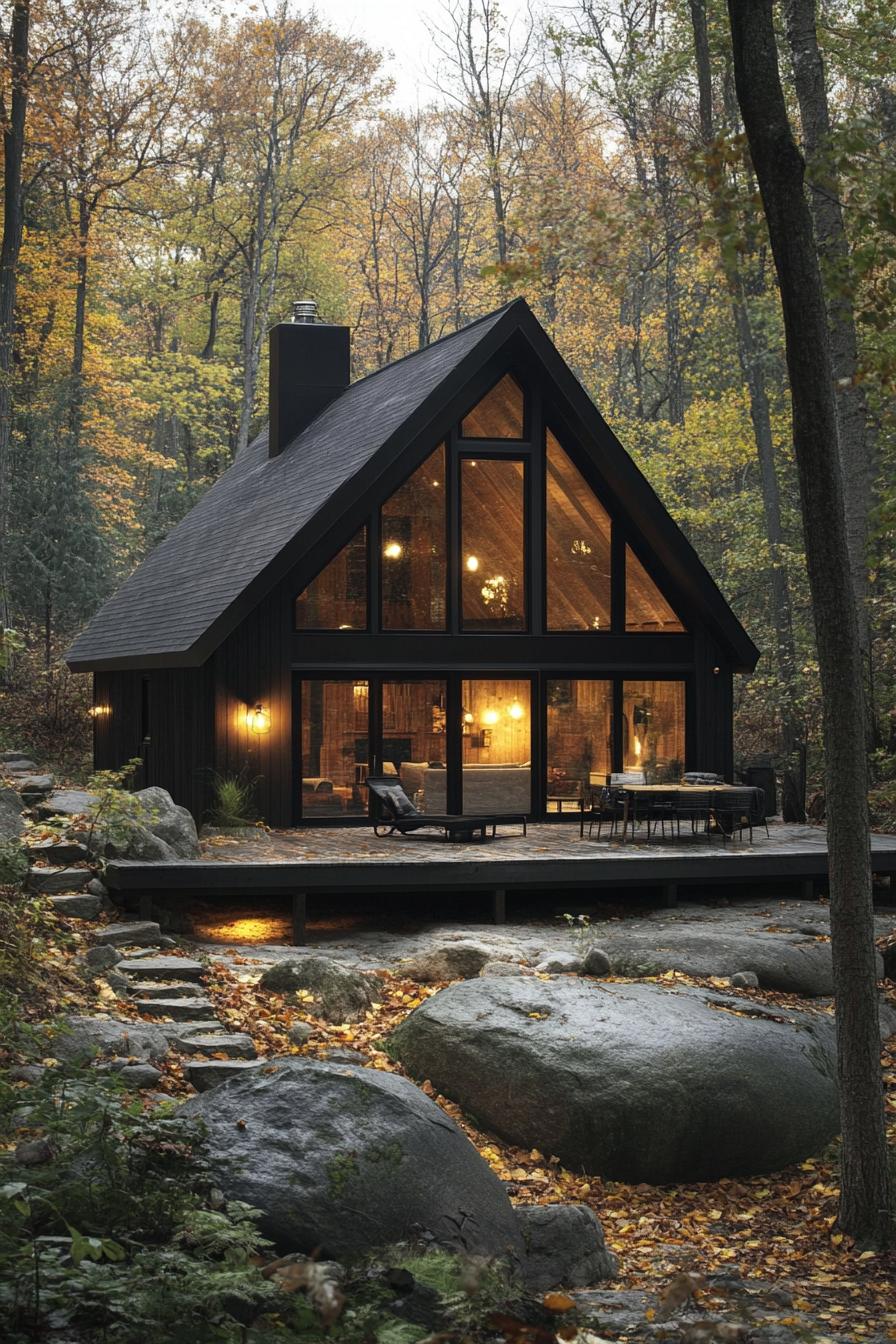 A modern A-frame cabin surrounded by autumn trees