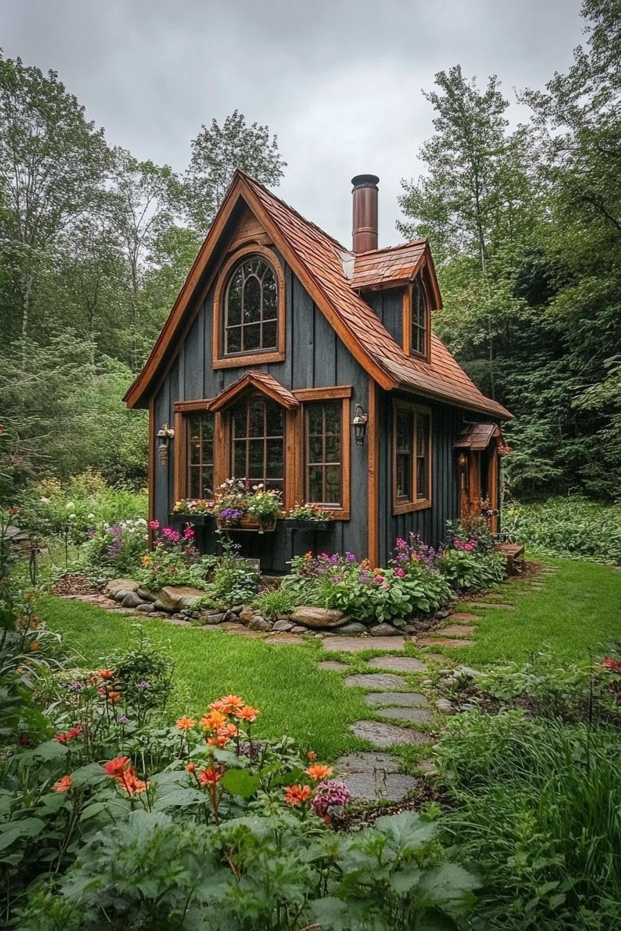 Charming wooden cabin surrounded by lush greenery and vibrant flowers