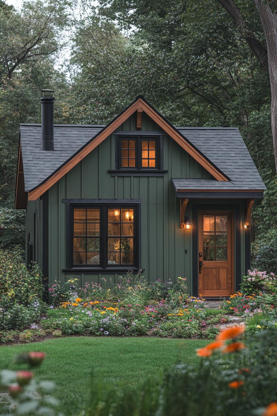 Cozy cabin surrounded by lush greenery and vibrant flowers