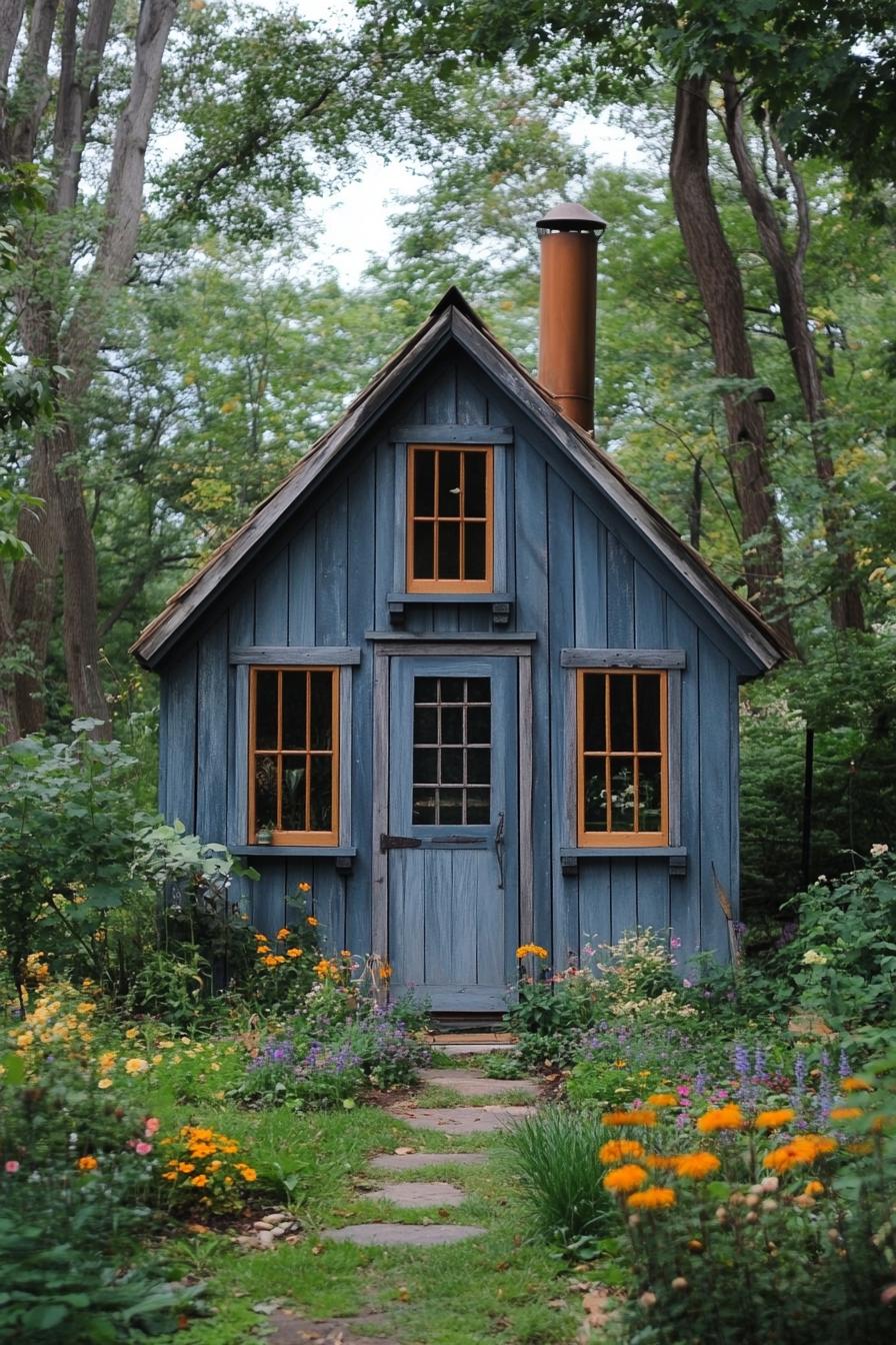 Quaint blue cabin nestled in a lush garden