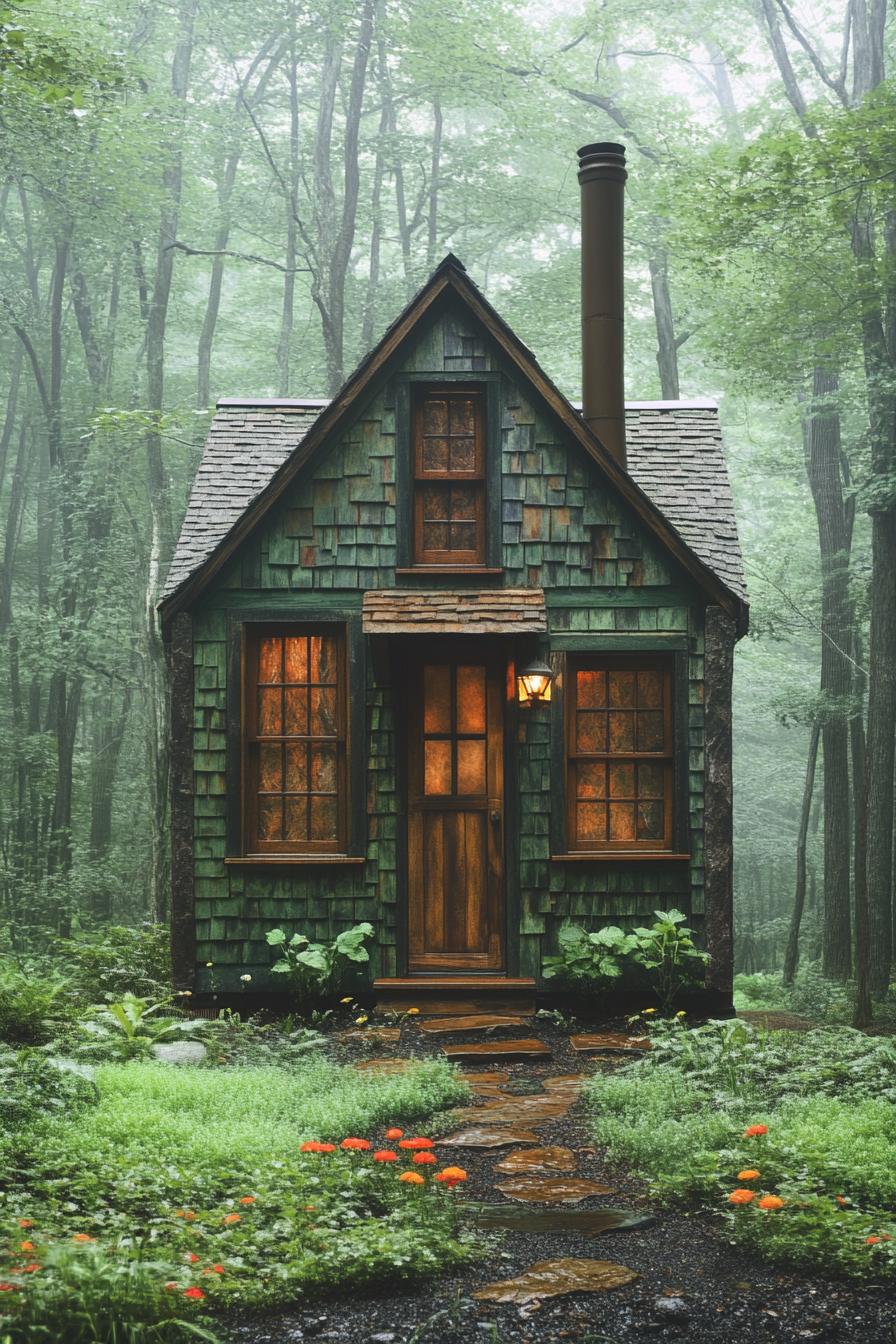 Tiny cabin with triangular roof in a misty forest