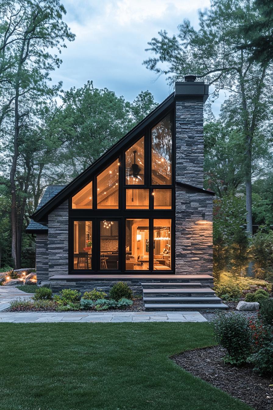 tiny modern luxury cabin with black slate siding black multi pitched roof stone foundations tiny front potch with steps large modern windows 1