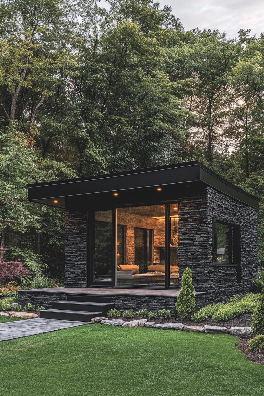 tiny modern luxury cabin with black slate siding black multi pitched roof stone foundations tiny front potch with steps large modern windows