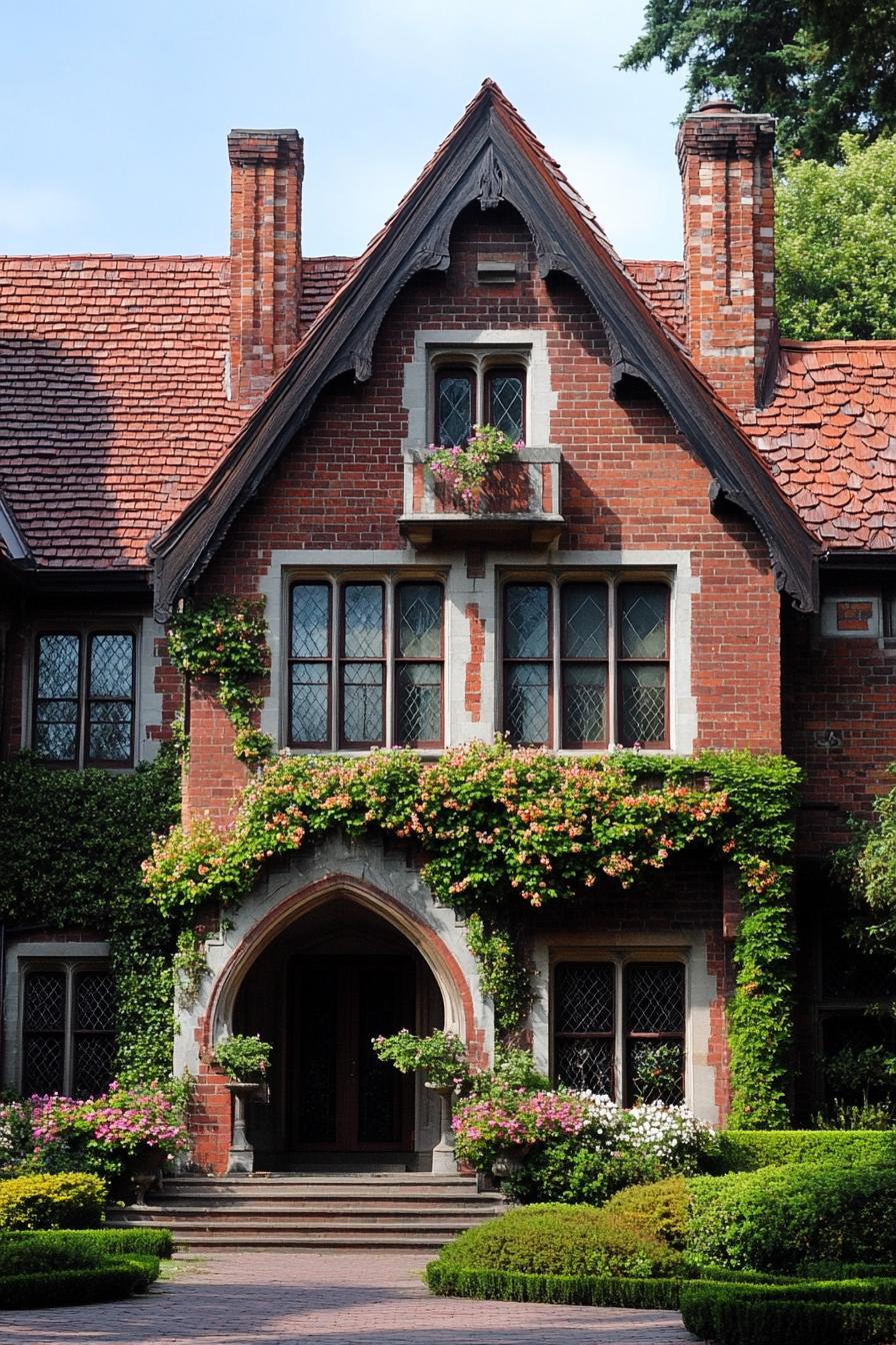 two story English red brick manor front facade with flower vines red shingle roof facade detailing garden with geometric shrubs 1