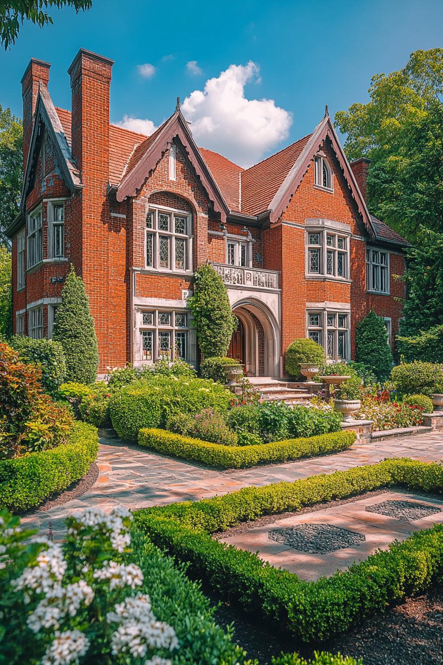 two story English red brick manor front facade with flower vines red shingle roof facade detailing garden with geometric shrubs 2