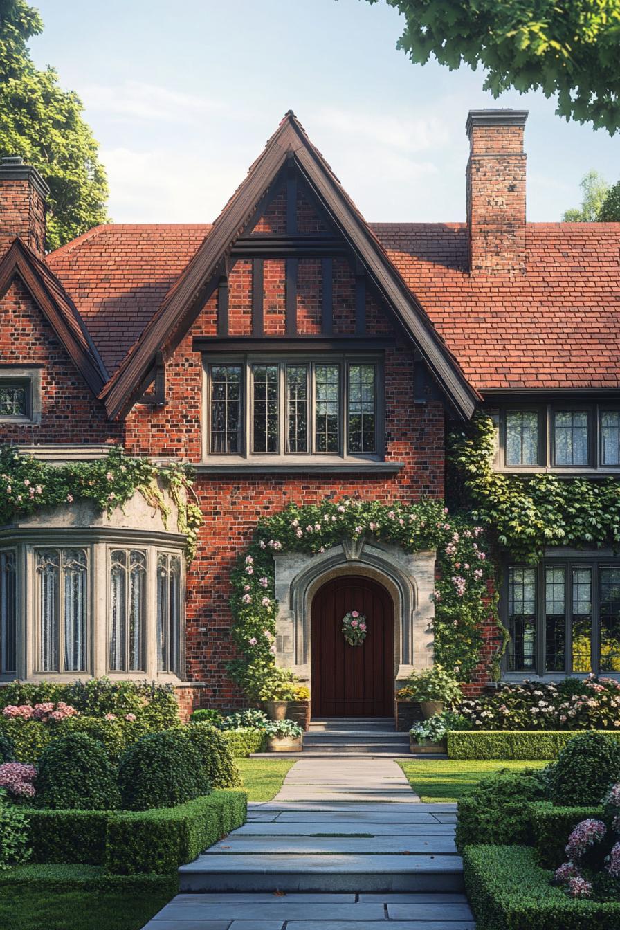 two story English red brick manor front facade with flower vines red shingle roof facade detailing garden with geometric shrubs 3