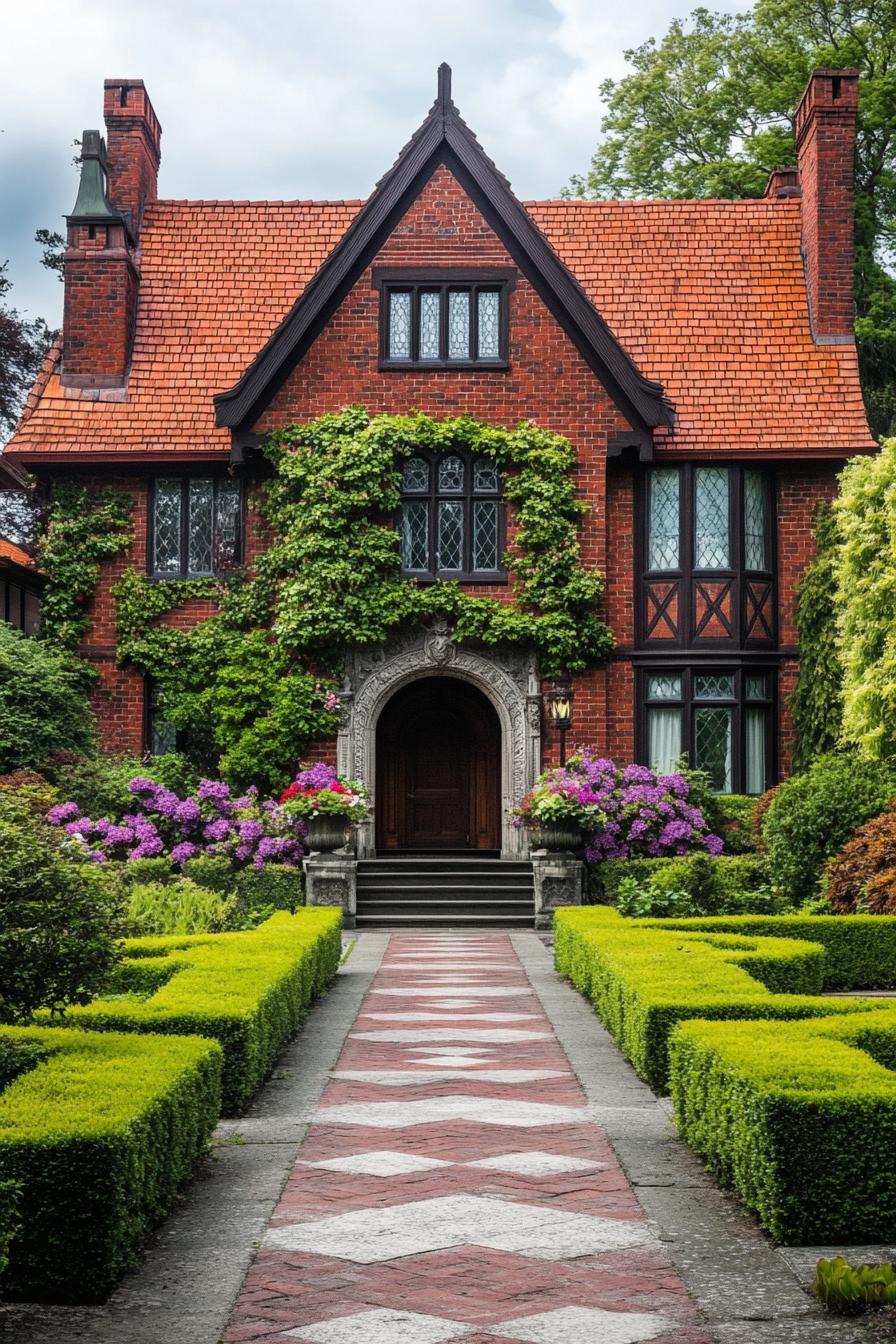 two story English red brick manor front facade with flower vines red shingle roof facade detailing garden with geometric shrubs