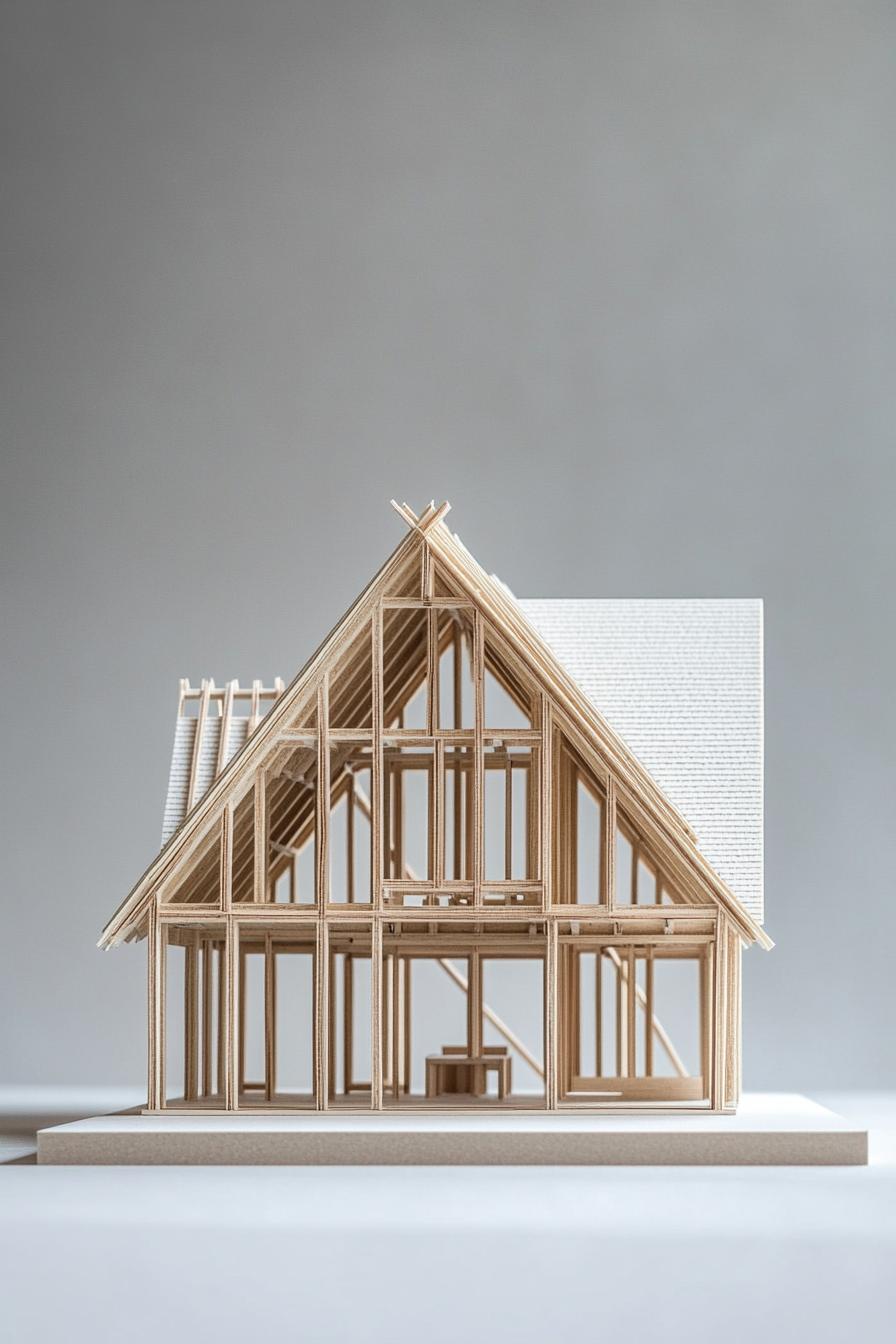 wooden frame architecture model of a barndominium house with multi pitched gable roof geometric design grey background 1