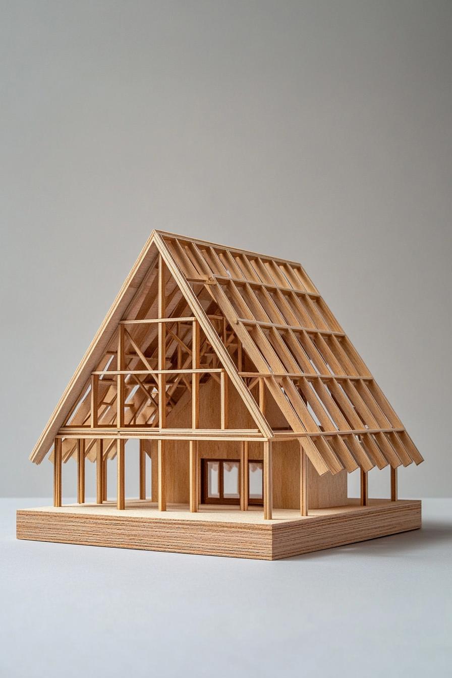 wooden frame architecture model of a barndominium house with multi pitched gable roof geometric design grey background