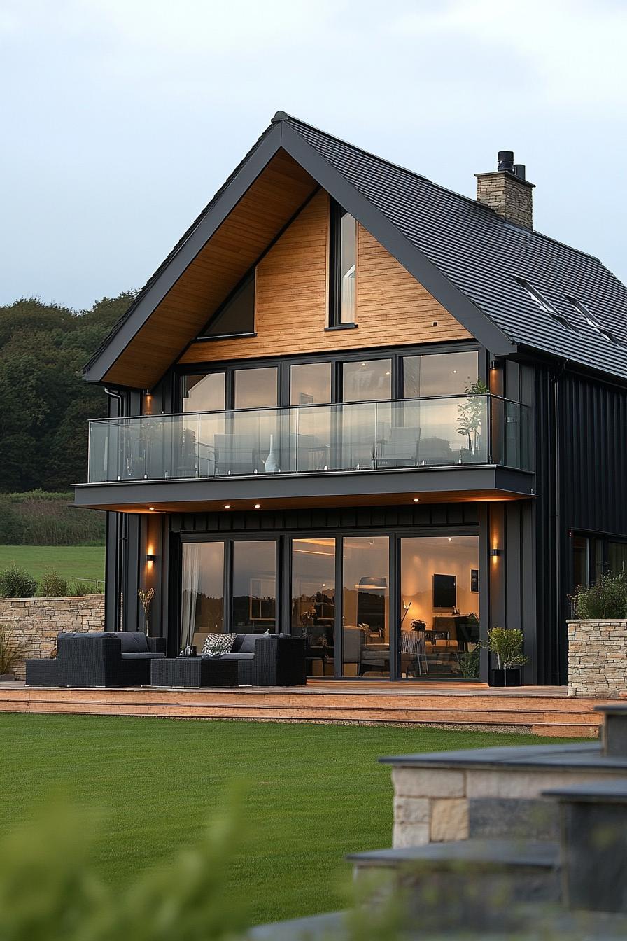 Modern barn house with large windows and a spacious wooden deck