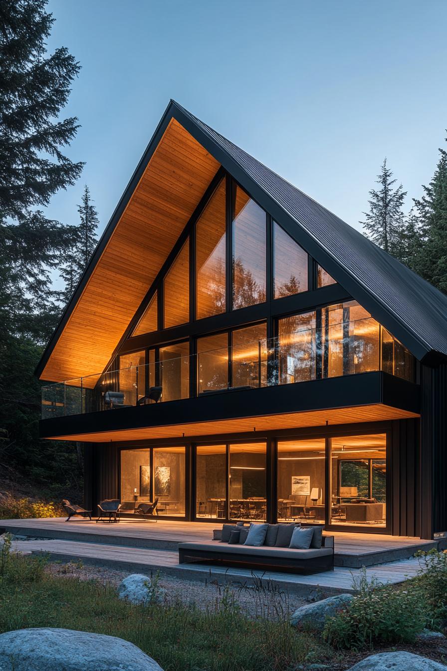 Modern barn house with large A-frame windows surrounded by tall trees