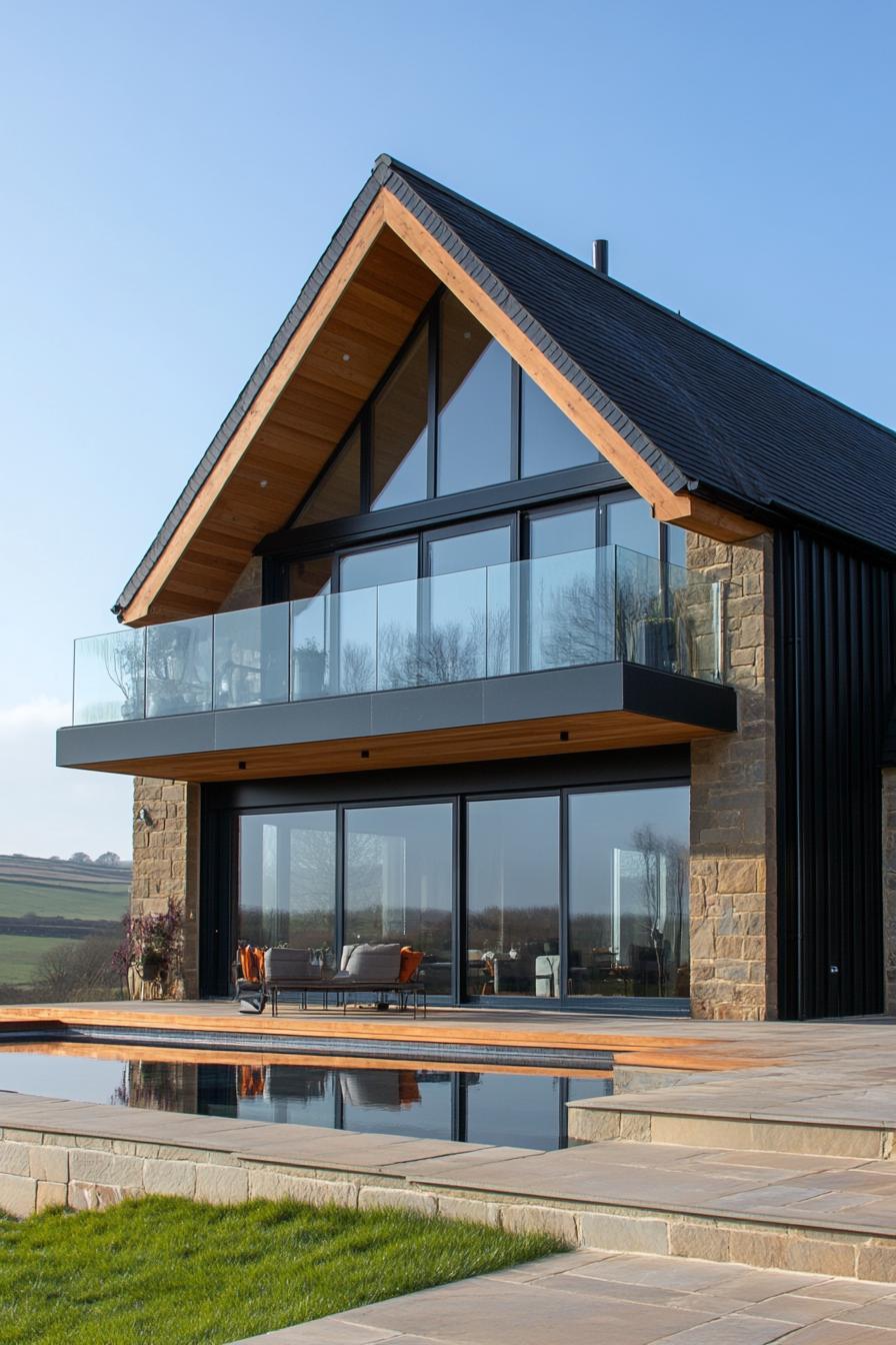 Modern barn house with large glass windows and a pool